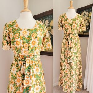 70s ' Ramona Rull ' Floral Block Print Tie Waist 1960s Vintage Caftan Maxi Dress